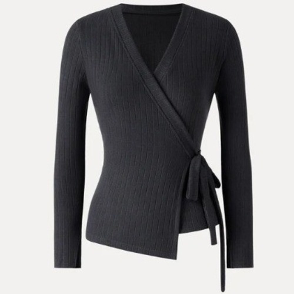 OGL Move Ribbed Knit Wrap Top Long Sleeve Black Small 251121-3045W24 NWT